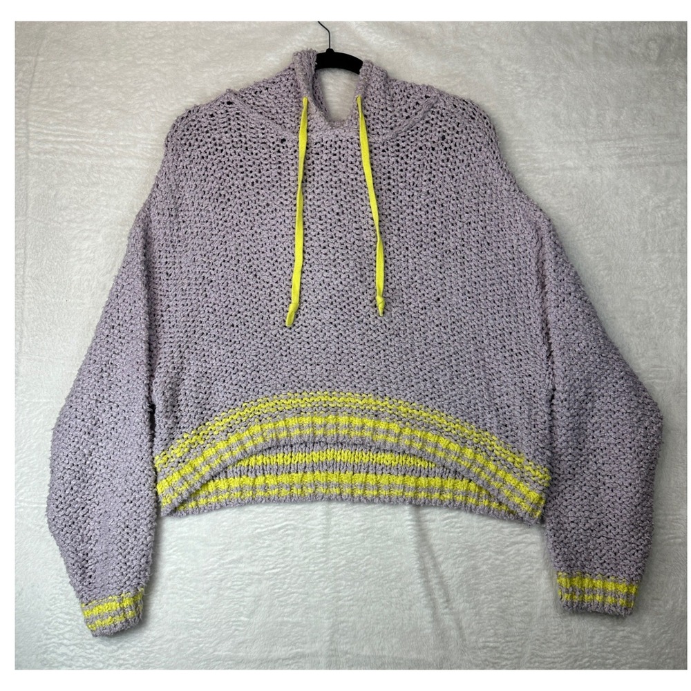 Pilcro Sweater Hoodie Womens Medium Purple Neon Yellow Striped Cropped Knit